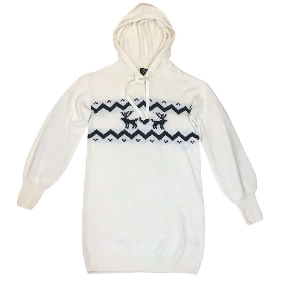 Derek Heart Juniors Reindeer Hoodie Sweater Ivory Black Fair Isle Knit Size S